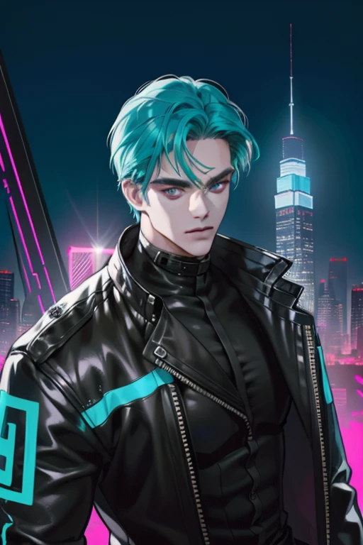 (absurdres, highres, ultra detailed), 1 male, adult, handsome, tall muscular guy, broad shoulders, finely detailed eyes, Cyberpunk, motorcycle, neon hair, holographic, black jacket, intense run, speed, night city, neon sign, skyscraper, from directly above, Cyan, Magenta, (dutch angle), closed mouth