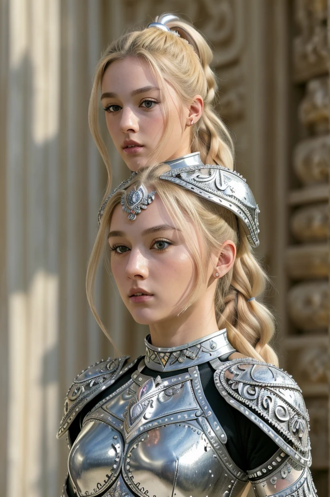 (8K, best quality:1.2), (masterpiece:1.37), (photo, photorealistic:1.37), (ultrahigh-res), full body, walking pose, shot from front, slow motion, female paladin wearing the full body, (light silver armour:1.2),(ornately decorated armor), (insanely detailed, bloom:1.5), (highest quality, Alessandro Casagrande, Greg Rutkowski, Sally Mann, concept art, 4k), (analog:1.2), (high sharpness), (detailed pupils:1.1), detailed face and eyes, Masterpiece, best quality, (highly detailed photo:1.1), (long blonde Hair, ponytail,ecstatic:1.1), (young woman:1.1), sharp, (perfect body:1.1), realistic, real shadow, 3d, (temple background:1.2), (by Michelangelo), photographed by Canan EOS R6, 135mm, 1/1250s, f/2.8, ISO 400