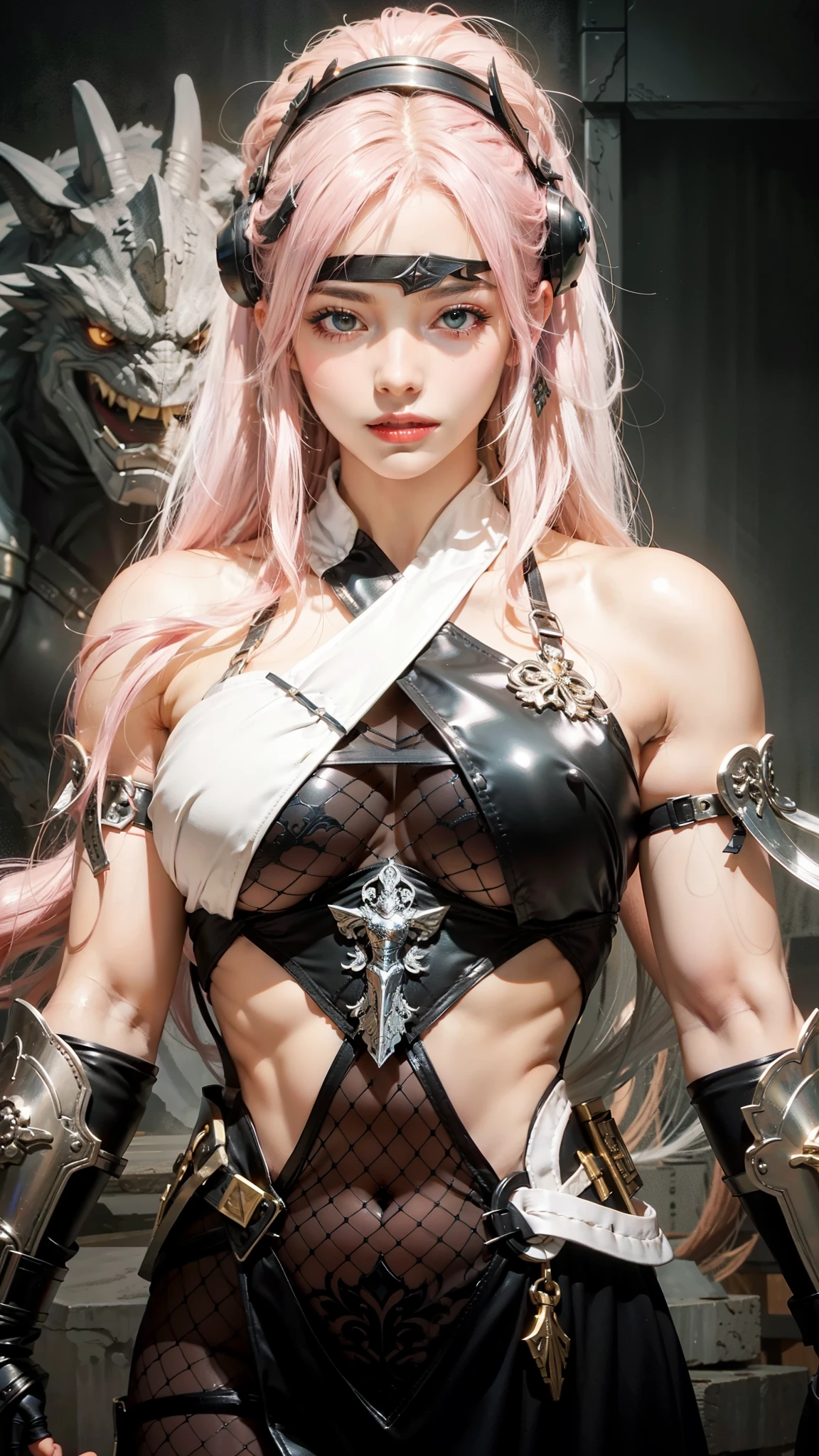 a close up of a woman with pink hair and a black and white outfit, wearing shiny breastplate, glossy white armor, tifa lockhart with white hair, pale black armor, female character, scandelous fantasy armor, ornate bikini armor, with a light leather armor, fantasy outfit, in monster hunter armor, wearing monster hunter armor, highly detailed character, pretty female cleric