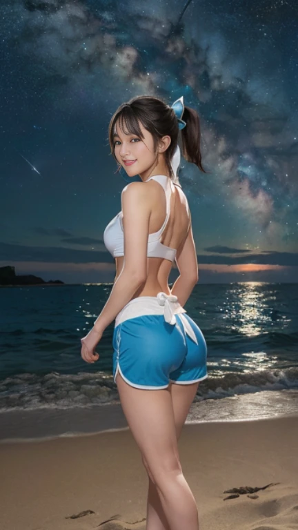 Tabletop, (highest quality), 23 years old,Very detailed, finely, (High resolution), (8k), ((Perfect rear view composition)), (Natural color lip),(ponytail:1.3),((女の子がsitting in a large hammock tied to a palm tree))),((pink fitness shorts)),((whole body:1.3),,((shrapnel:1.3)),((Perfect rear view:1.3)),((The magnificent Milky Way floating in the night sky)),((Pose with your arms raised above your head)),(look back and smile),((Big ribbon on thigh)),((Big Ass)),((Ample breasts)),(Full and firm breasts),(Small Pareo),