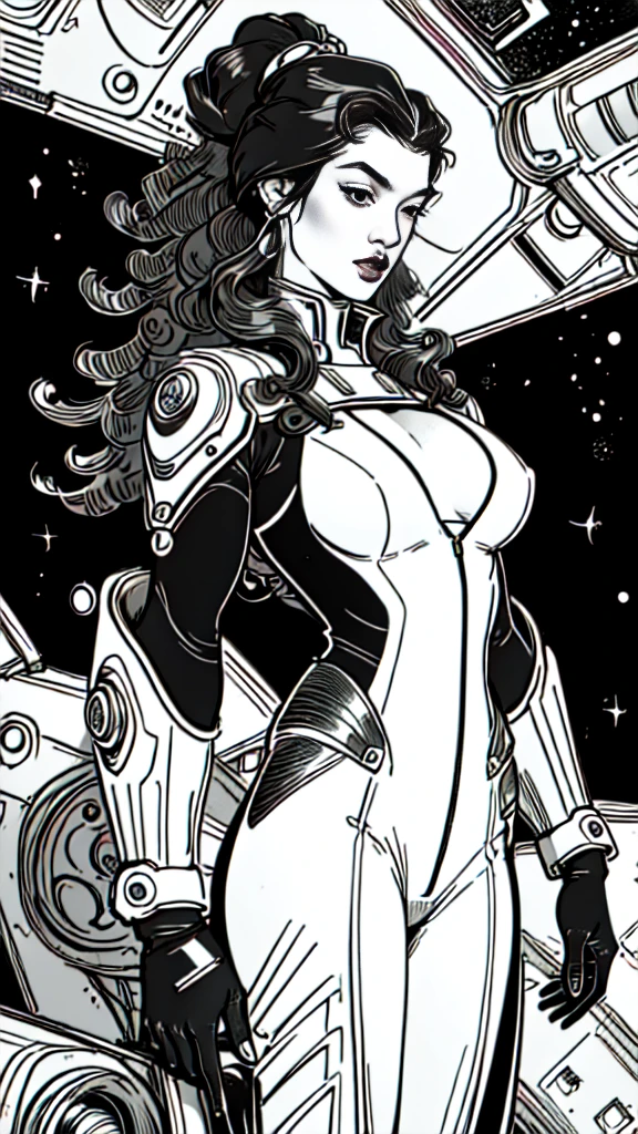 masterpiece,very sharp LINEAR DRAW,((Disney style)),((The Perfect One Woman)),((one person)),retro space futurism, beautiful detailed face,hi-tech armor over catsuit, long curly hair,in deep space background,medium breasts,cleavage,highly detailed body