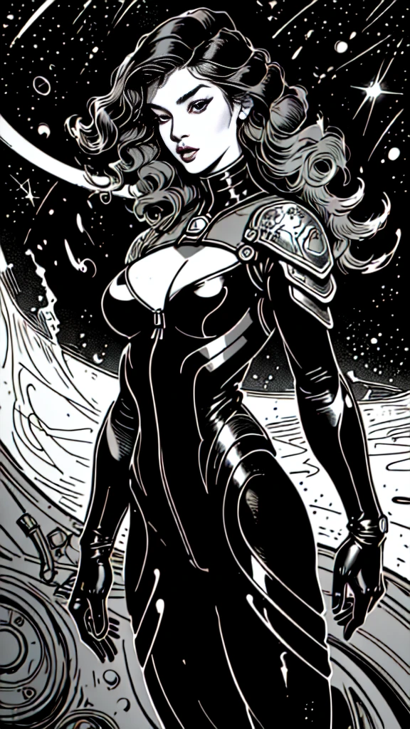 masterpiece,very sharp LINEAR DRAW,((Disney style)),((The Perfect One Woman)),((one person)),retro space futurism, beautiful detailed face,hi-tech armor over catsuit, long curly hair,in deep space background,medium breasts,cleavage,highly detailed body