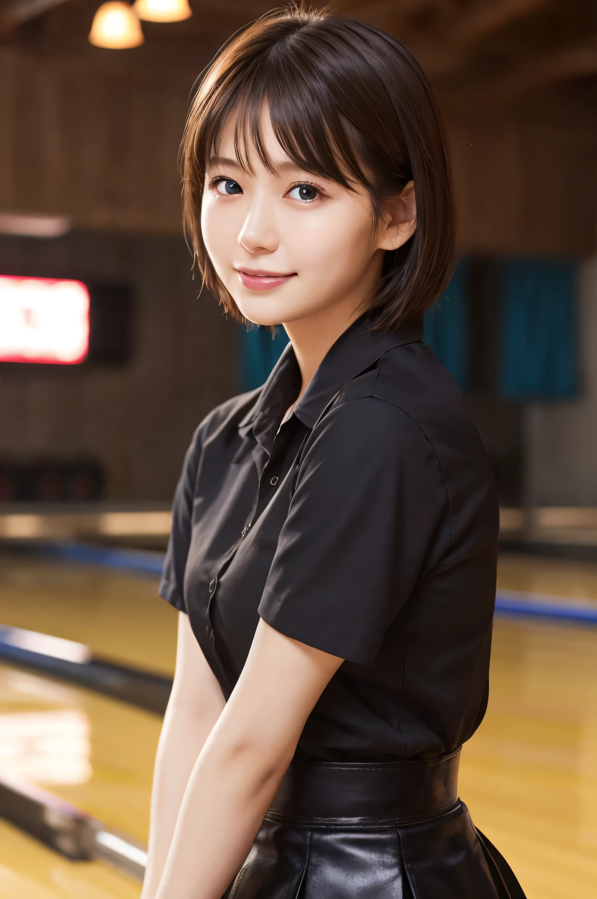 1 girl,{{Bowling uniform with JPB logo、Pro Bowler、Drooling eyes、Droopy eyes、Tie your hair}}、I have a black bowling ball、bowling alley、Snapshot before lane、 {{Very clear and delicate blue eyes}}、(Wear a black bowling shirt and a black skirt :1.2), (RAW Photos, highest qualそれy), (Realistic, Realistic:1.4), Tabletop, Very delicate and beautiful, Very detailed, 2k wallpaper, wonderful, finely, Very detailed CG Unlimited 8K wallpaper, Very detailed, High resolution, Soft Light, Beautiful detailed girl, Very detailed目と顔, Beautiful and sophisticated nose, Finely beautiful eyes, Cinema Lighting, Perfect Anatomy, Slender body, Was nervous,
short hair, bangs, Looking at the audience, smile
