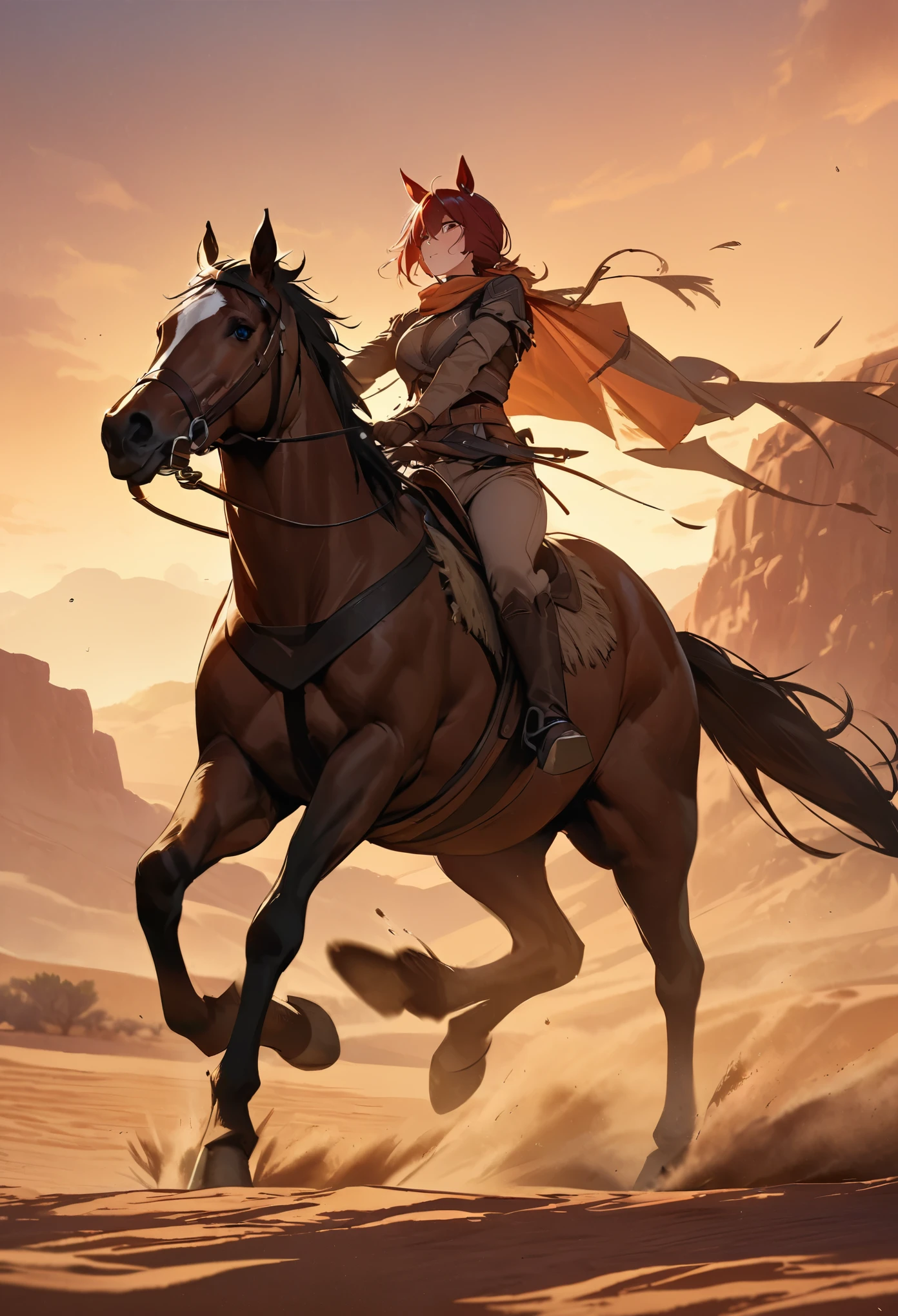 top quality, best quality, High-quality illustrations, masterpiece, super high resolution, detailed background, The desolate and rugged desert landscape at sunset, with the sky turning shades of red and the dry earth stretching into the distance, Cowboys racing across the prairie, stirring up dust as the sound of horse hooves echoes through the air, A lone sheriff standing at the entrance of a saloon, with a wooden sign swaying gently behind him, A gunslinger suddenly emerging from the shadows, his sharp gaze and the silence creating a tense atmosphere, absurdres(highly detailed beautiful face and eyes)perfect anatomy, expression, good lighting, cinematic shadow(1girl, kemono, furry anthro)dynamic angle,