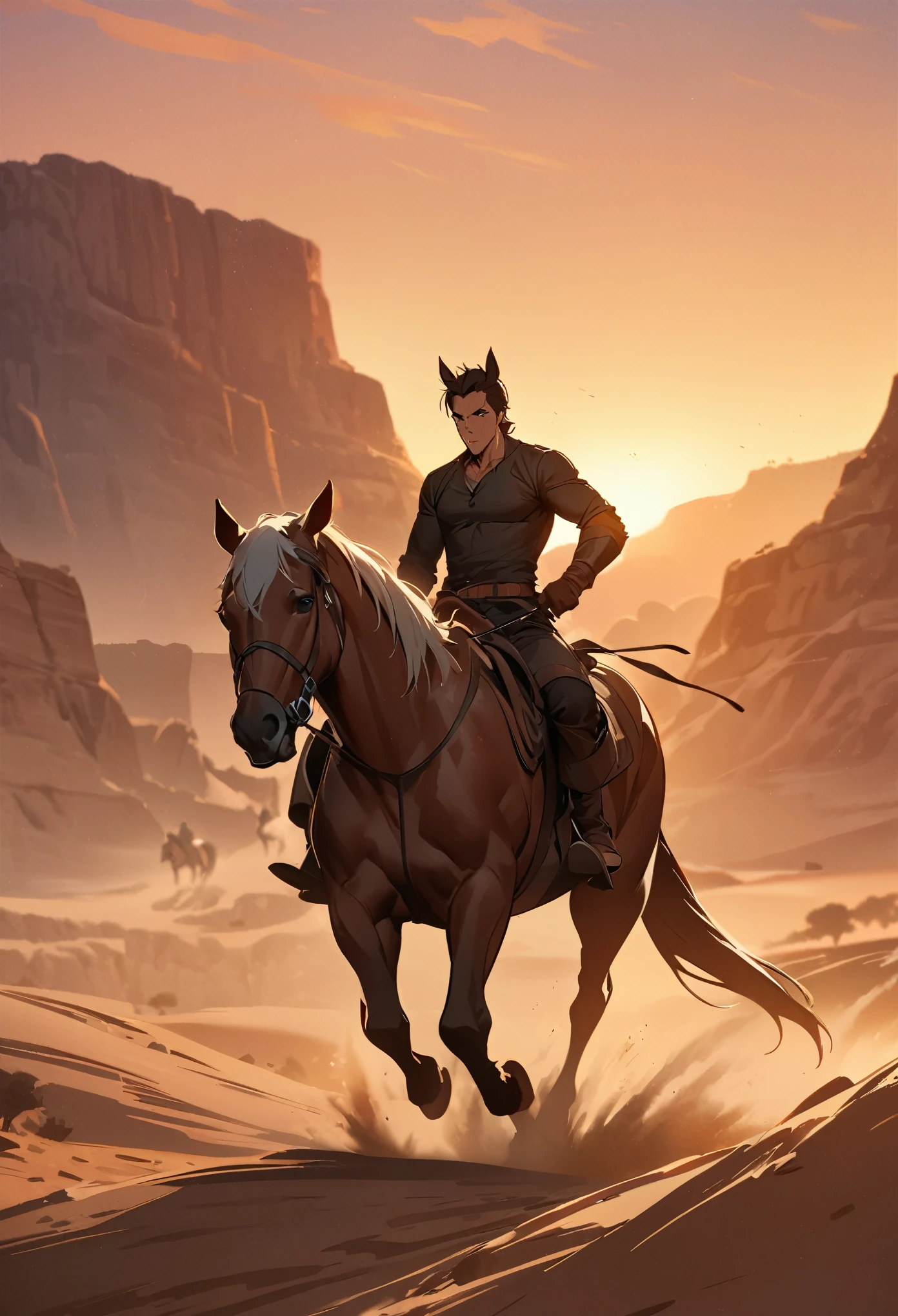 top quality, best quality, High-quality illustrations, masterpiece, super high resolution, detailed background, The desolate and rugged desert landscape at sunset, with the sky turning shades of red and the dry earth stretching into the distance, Cowboys racing across the prairie, stirring up dust as the sound of horse hooves echoes through the air, A lone sheriff standing at the entrance of a saloon, with a wooden sign swaying gently behind him, A gunslinger suddenly emerging from the shadows, his sharp gaze and the silence creating a tense atmosphere, absurdres(highly detailed beautiful face and eyes)perfect anatomy, expression, good lighting, cinematic shadow(1girl, kemono, furry anthro)dynamic angle,