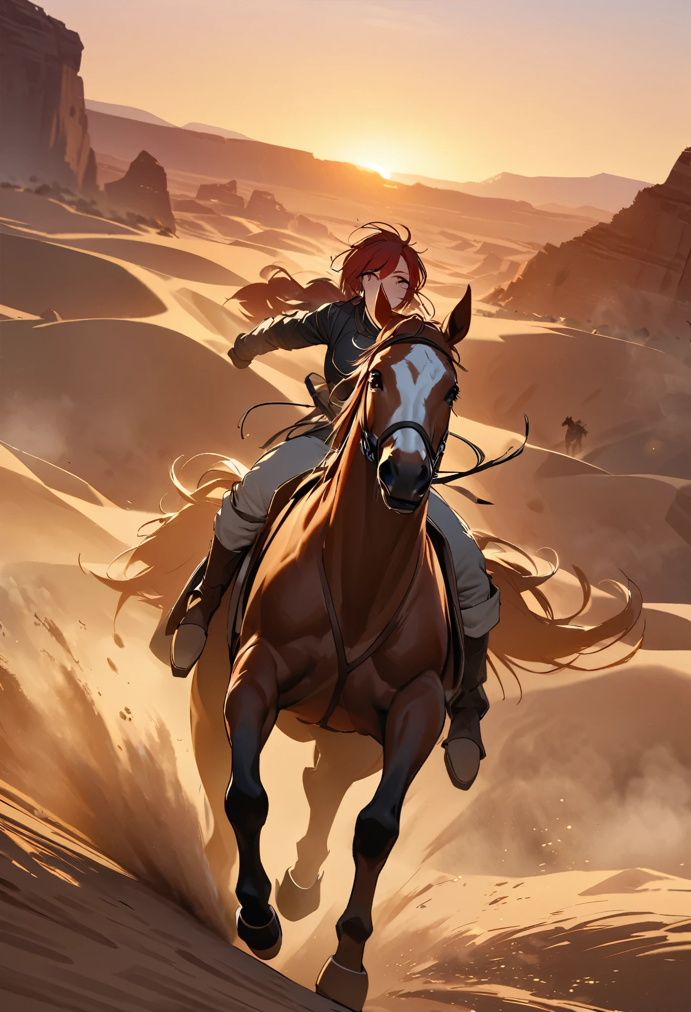 top quality, best quality, High-quality illustrations, masterpiece, super high resolution, detailed background, The desolate and rugged desert landscape at sunset, with the sky turning shades of red and the dry earth stretching into the distance, Cowboys racing across the prairie, stirring up dust as the sound of horse hooves echoes through the air, A lone sheriff standing at the entrance of a saloon, with a wooden sign swaying gently behind him, A gunslinger suddenly emerging from the shadows, his sharp gaze and the silence creating a tense atmosphere, absurdres(highly detailed beautiful face and eyes)perfect anatomy, expression, good lighting, cinematic shadow(1girl, kemono, furry anthro)dynamic angle,