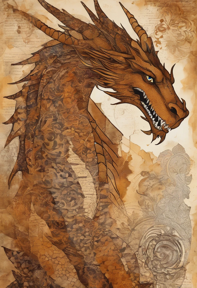 Dragon marron chocolat caramel sensuel, sensuality, douceur, regard doux bienveillant, posture enveloppante protectrice, fond caverne ocre ::2 colorful ink painting ::2 art fantasy