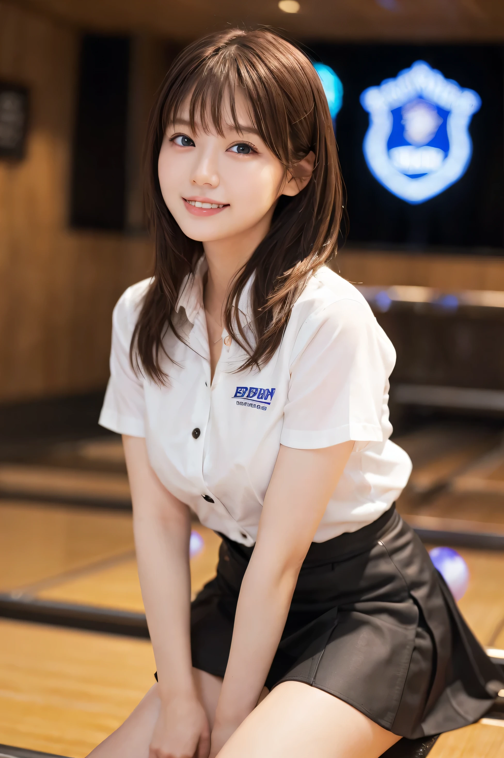 1 girl,{{Bowling uniform with JPB logo、Pro Bowler、Drooling eyes、Droopy eyes、Tie your hair}}、I have a black bowling ball、bowling alley、Snapshot before lane、 {{Very clear and delicate blue eyes}}、(Wear a black bowling shirt and a black skirt :1.2), (RAW Photos, highest qualそれy), (Realistic, Realistic:1.4), Tabletop, Very delicate and beautiful, Very detailed, 2k wallpaper, wonderful, finely, Very detailed CG Unlimited 8K wallpaper, Very detailed, High resolution, Soft Light, Beautiful detailed girl, Very detailed目と顔, Beautiful and sophisticated nose, Finely beautiful eyes, Cinema Lighting, Perfect Anatomy, Slender body, Was nervous,
short hair, bangs, Looking at the audience, smile