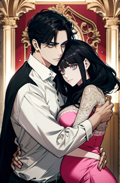 family, real, elegante, good looking, children, detalhado, 4K, mom and dad, detalhado eyes, cabelo bonito, homem bonito, Linda mulher, Fine Mother, papai gostoso, pais quentes, Mother with black hair, Pregnant mother, homem olhando para mulher com amor, Man hugging woman