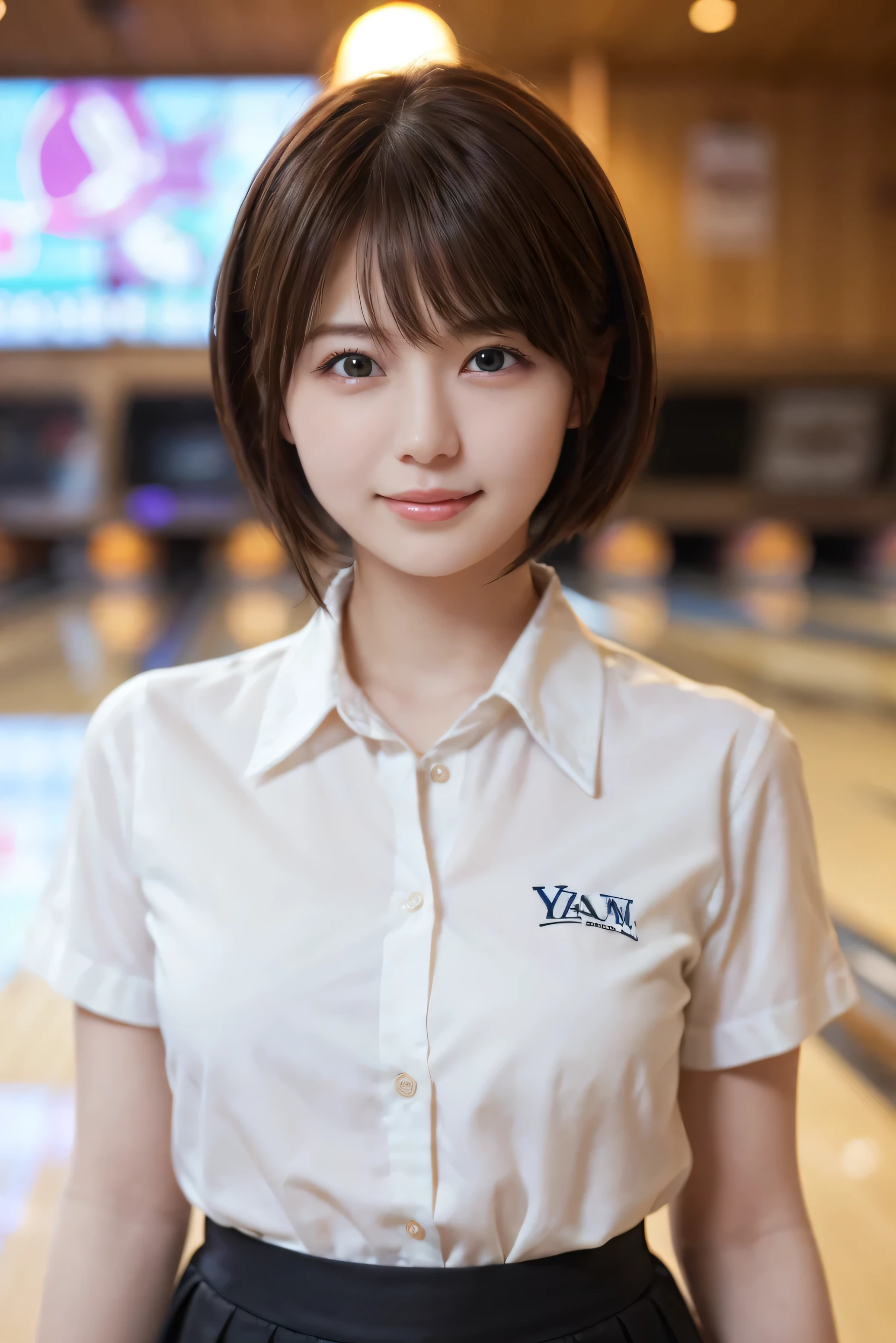 1 girl,{{Bowling uniform with JPB logo、Pro Bowler、Drooling eyes、Droopy eyes、Tie your hair}}、I have a black bowling ball、bowling alley、Snapshot before lane、 {{Very clear and delicate blue eyes}}、(Wear a black bowling shirt and a black skirt :1.2), (RAW Photos, highest qualそれy), (Realistic, Realistic:1.4), Tabletop, Very delicate and beautiful, Very detailed, 2k wallpaper, wonderful, finely, Very detailed CG Unlimited 8K wallpaper, Very detailed, High resolution, Soft Light, Beautiful detailed girl, Very detailed目と顔, Beautiful and sophisticated nose, Finely beautiful eyes, Cinema Lighting, Perfect Anatomy, Slender body, Was nervous,
short hair, bangs, Looking at the audience, smile