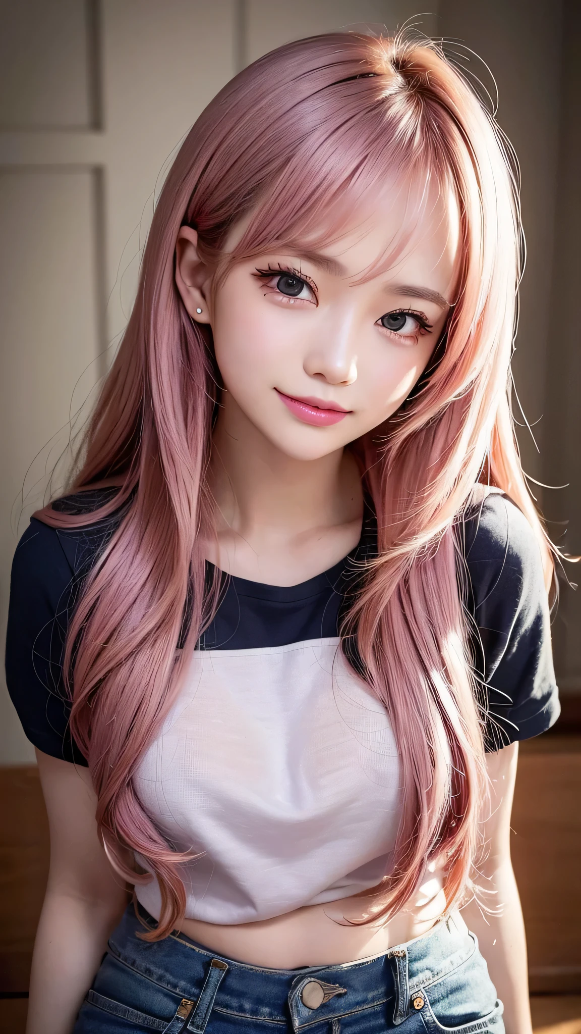 (Close-up:1.4)、(RAW shooting:1.2)、(Photorealistic:1.4)、(masterpiece:1.3)、(highest quality:1.4)、One Girl、(Slender and beautiful girl)、(Small waist)、(Mid-chest:1.2)、Breast、Absurd、Extremely detailed、Very complicated、Detailed face、Detailed eyes、Realistic、Very detailed、full body shot、Beautiful Face、One girl、Purple Eyes、(Shiny skin、Soft Hair)、(Milkshake in hand)、freckles、(Bright pink two-tone hair:1.3)、(Wearing a Led Zeppelin T-shirt、Denim jeans)、(Extreme light and shadow、Volumetric lighting、Rim Light)、(Rainbow Light、Light leakage)、(Fascinating、Grin)、evening、