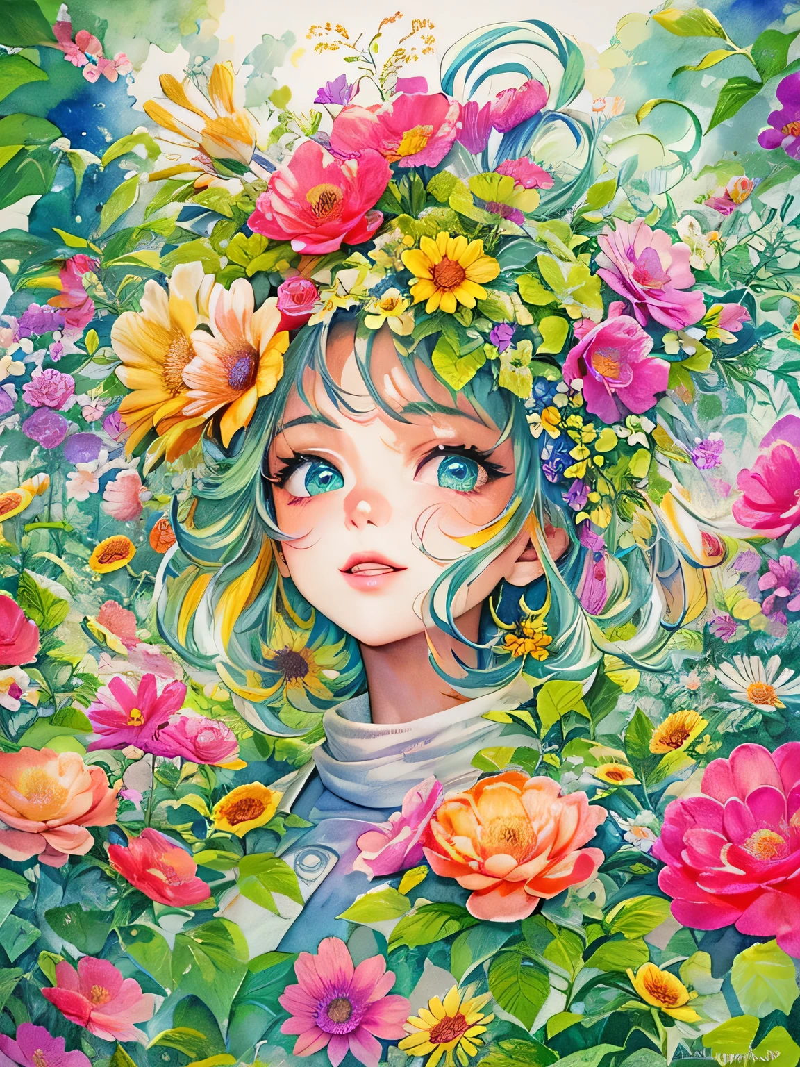 akira toriyama style、8K Quality、Intense watercolor, Detailed watercolor art, Watercolor splash, Surreal, avant-garde pop art, Beautiful and expressive paintings, Beautiful artwork illustration, Very colorful tones, wonderful, Cool beauty, highest quality、Official Art, Vector art, Stylish design, ((The most beautiful girl of all time)), (((highest quality))), HDR, ((detailed)), (((Doodle Art)), ((masterpiece)), ((Super detailed)), (((Colorful flowers))),