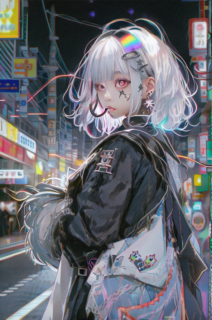 Goth_punk, One girl, alone, Medium Shot, Walking around Harajuku, ((at night)), Bokeh, Neon Light, Rainbow Eyes, Starry Sky, 白いShiny Hair, White eyebrows, Shiny Hair, (Iridescent white hair), Earrings, bangs, jewelry, mask, blunt bangs, Green Eyes, mouth mask, Blurred background, Blurred, hair ornaments, View your viewers, short hair, Portraiture, Side Lock