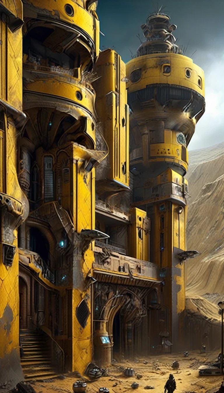 Digital art aerial shots show that many of the doomed inhabitants are in an underground luxury hotel castle in the Doom Wasteland. Inside is a technological sense of light luxury hotel facilities, huge high-tech vents and passages connecting the various rooms, background: gusty winds, rolling yellow sand, broken eaves and walls everywhere is a deserted scene, makeshift, hotel rooms, bedrooms, passages, architecture, dark fantasy, post-cyberpunk, futuristic, sci-fi, mythopoetical punk,,, super quality, high detail, high resolution, hyper-realistic, hyper-realism , HD, 16K, telephoto lens, bird's eye view, split lighting,