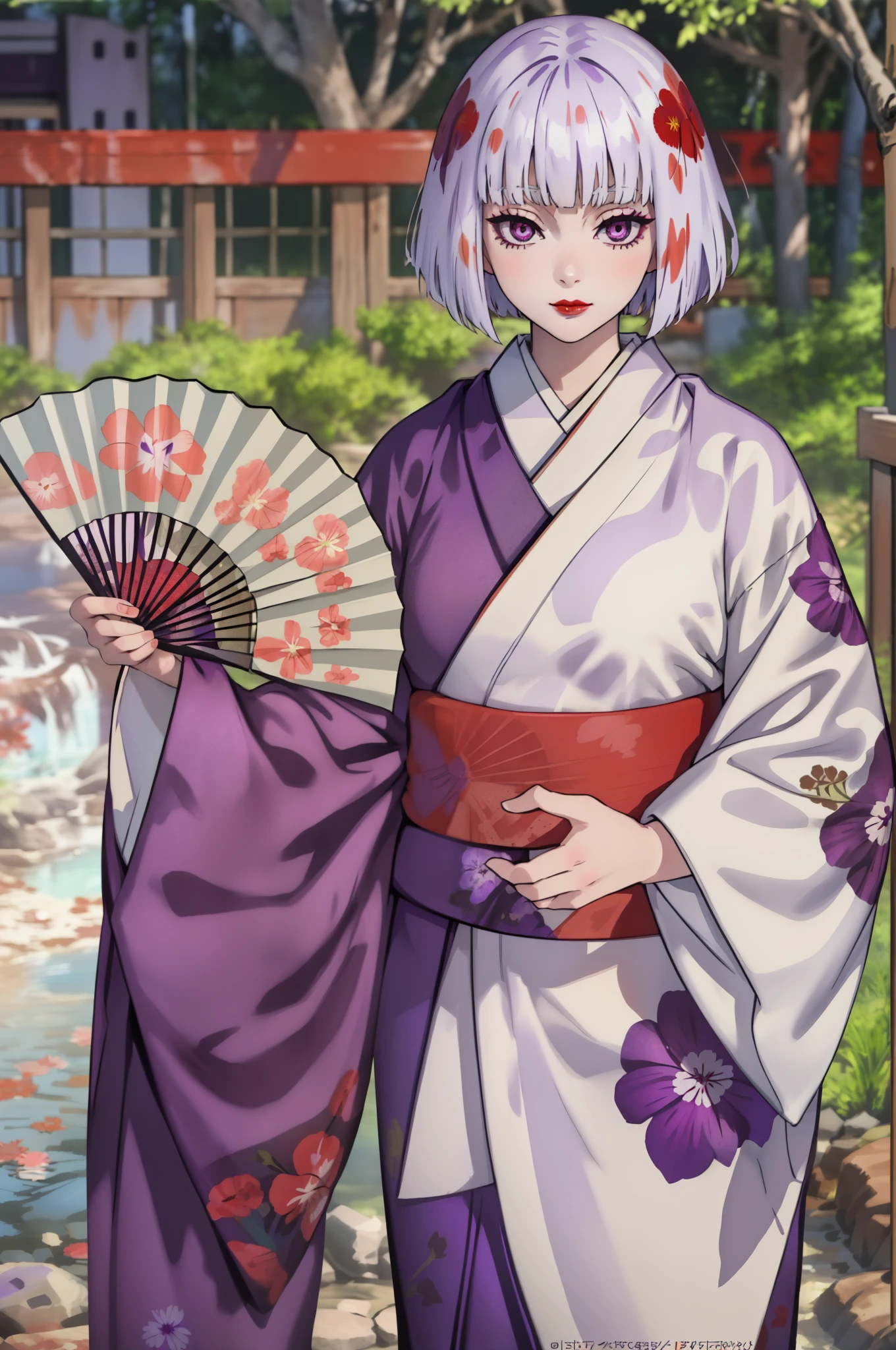 (masterpiece, best quality:1.2), portrait of Ubuyashiki_Family, (1girl, solo), (multicolored hair, white hair, red hair), (short hair, bob cut), blunt bangs, (detailed purple eyes, ringed eyes), (makeup, red lips, cute), (purple kimono, floral print kimono, obi), holding large hand fan, standing in the Japanese garden