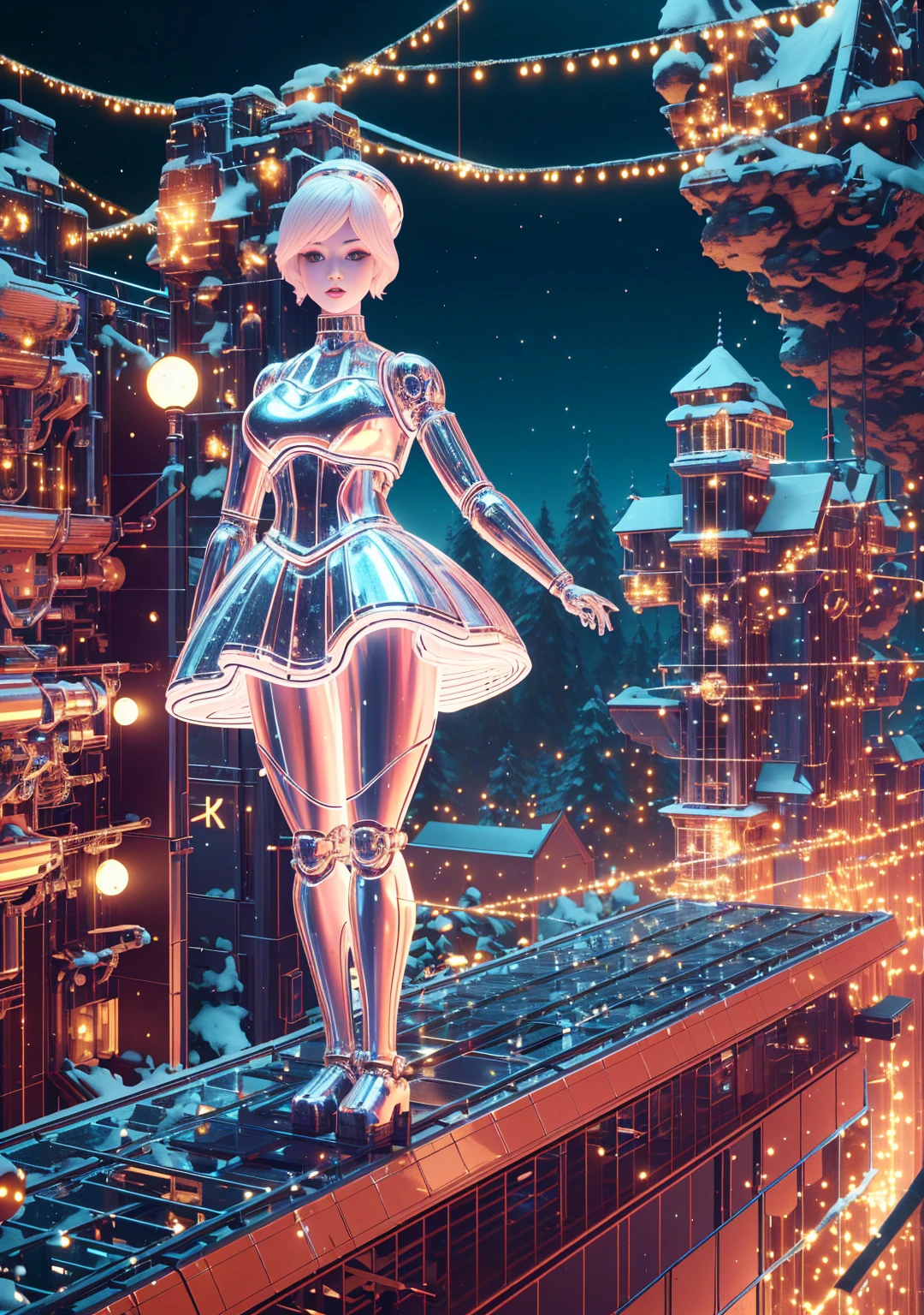 1 Glowing Christmas Mechanical Girl,Futuristic girl,Mechanical Union Christmas City Background,model shoot style, (extremely detaild的 CG unified 8k wallpapers), The beauty of abstract style,,hyper realisitc, 8K, super detailing, Best quality, Award-Awarded, Anatomically correct, 16k, super detailing