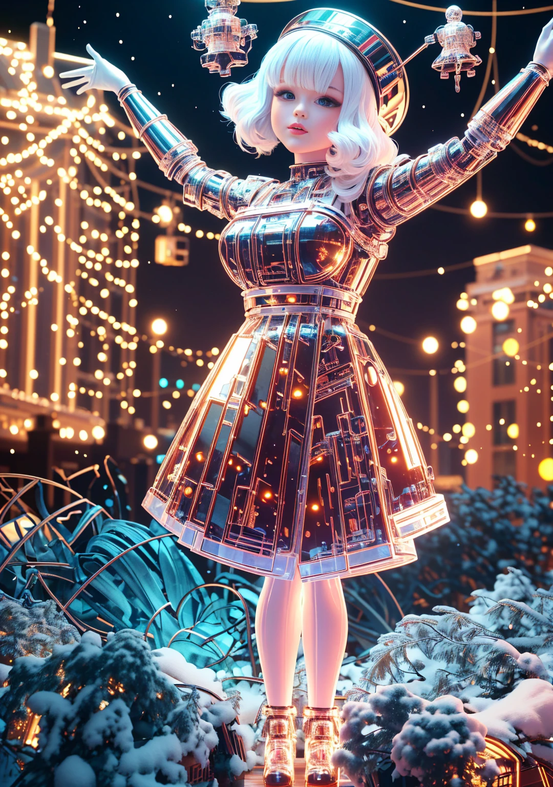 1 Glowing Christmas Mechanical Girl,Futuristic girl,Mechanical Union Christmas City Background,model shoot style, (extremely detaild的 CG unified 8k wallpapers), The beauty of abstract style,,hyper realisitc, 8K, super detailing, Best quality, Award-Awarded, Anatomically correct, 16k, super detailing