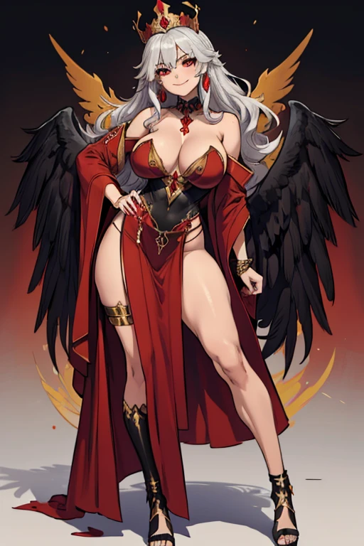 female, silver long hair, red eyes, tan skin, (((1girl))), (((red long robe with black accents))), (gold jewelry), (black thigh high heeled sandals), (black dress), (black crown), cute and sexy, large breasts, large butt, full body, long legs, smiling, cleavage, shoulders exposed, black angel wings on back