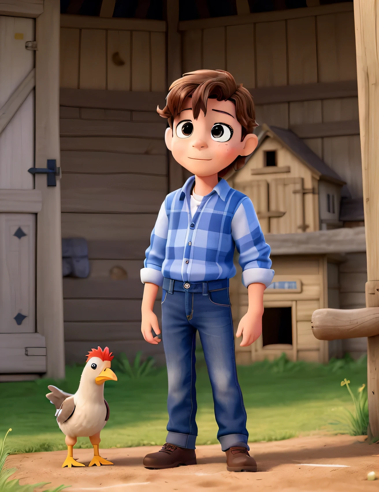 Imaginez An 8--old , se tenant dans une ferme en plein air. At his side, une poule joyeuse picorant le sol et un veau curieux le regardant avec émerveillement. Create a three-dimensional scene to bring this moment of discovery and friendship to life on the farm.