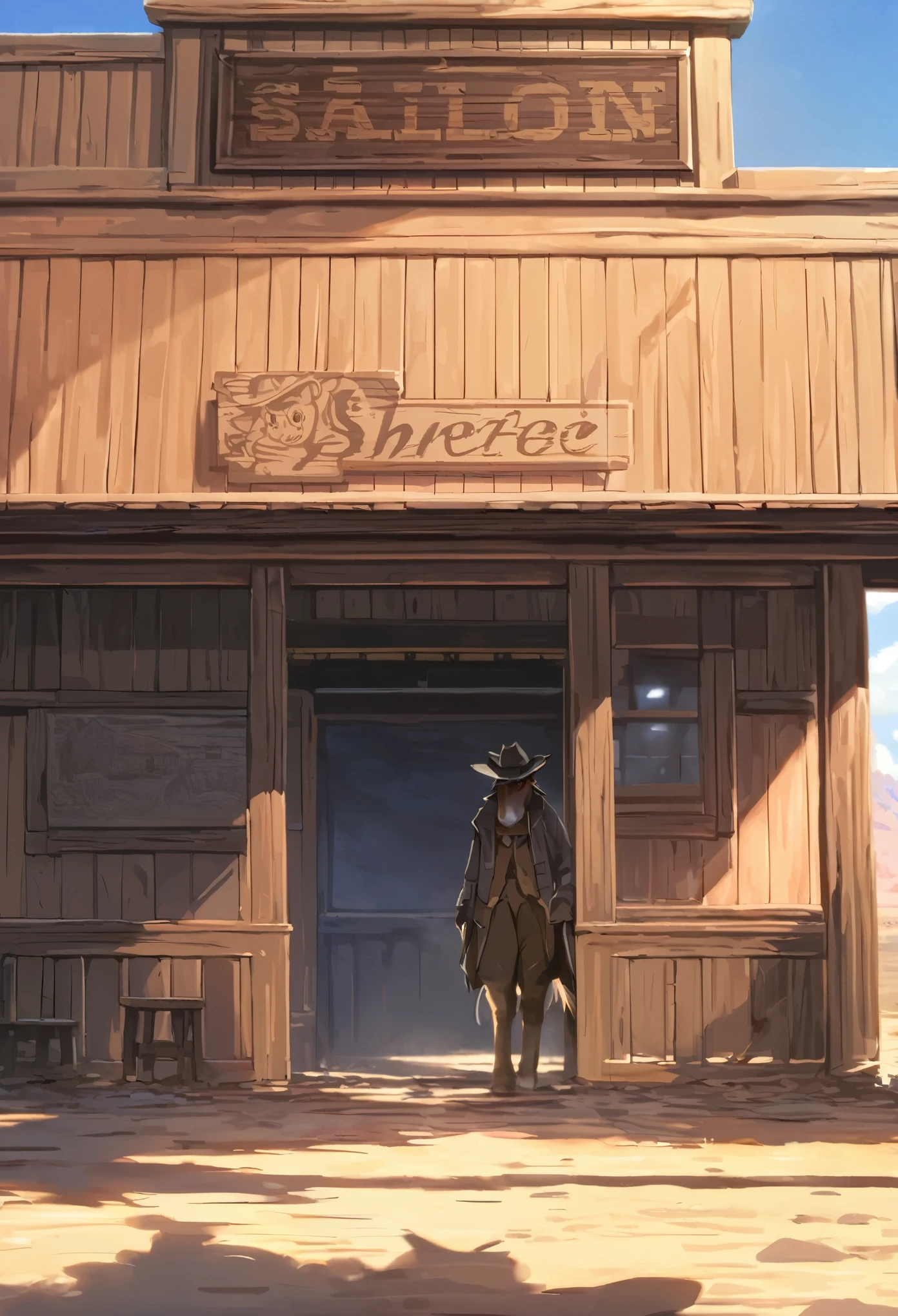 top quality, best quality, High-quality illustrations, masterpiece, super high resolution, detailed background, The desolate and rugged desert landscape at sunset, with the sky turning shades of red and the dry earth stretching into the distance, Cowboys racing across the prairie, stirring up dust as the sound of horse hooves echoes through the air, A lone sheriff standing at the entrance of a saloon, with a wooden sign swaying gently behind him, A gunslinger suddenly emerging from the shadows, his sharp gaze and the silence creating a tense atmosphere, 6+boys, 6+girls, absurdres(highly detailed beautiful face and eyes)perfect anatomy, expression, good lighting, cinematic shadow(kemono, furry anthro)assorted poses, dynamic angle,