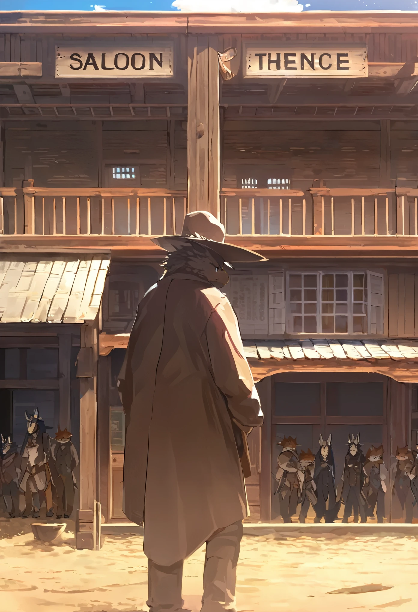top quality, best quality, High-quality illustrations, masterpiece, super high resolution, detailed background, The desolate and rugged desert landscape at sunset, with the sky turning shades of red and the dry earth stretching into the distance, Cowboys racing across the prairie, stirring up dust as the sound of horse hooves echoes through the air, A lone sheriff standing at the entrance of a saloon, with a wooden sign swaying gently behind him, A gunslinger suddenly emerging from the shadows, his sharp gaze and the silence creating a tense atmosphere, 6+boys, 6+girls, absurdres(highly detailed beautiful face and eyes)perfect anatomy, expression, good lighting, cinematic shadow(kemono, furry anthro)assorted poses, dynamic angle,