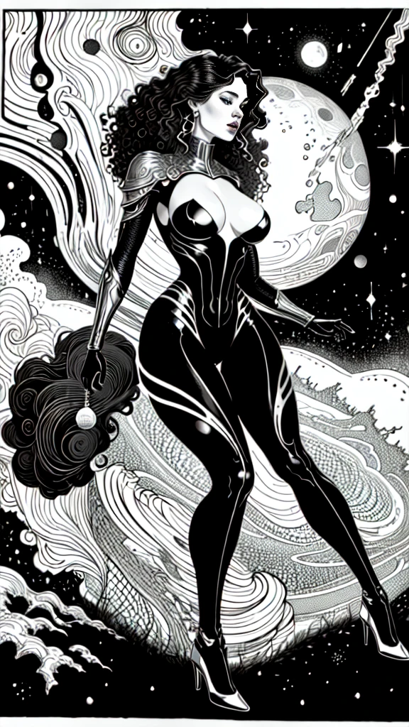 masterpiece,very sharp LINEAR DRAW,((Disney style)),((The Perfect One Woman)),((one person)),retro space futurism, beautiful detailed face,hi-tech armor over catsuit, long curly hair,in deep space background,medium breasts,cleavage,highly detailed body
