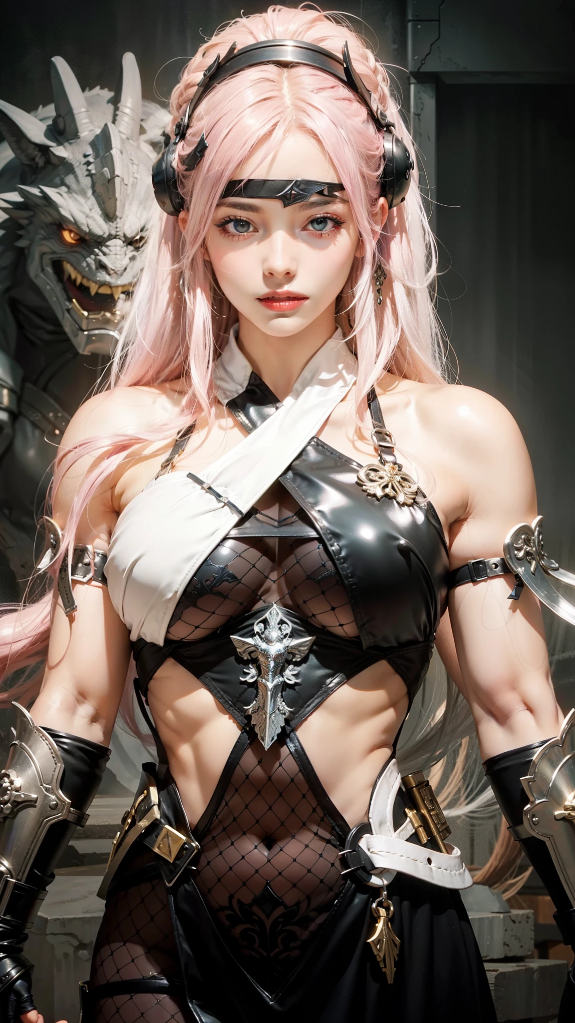 a close up of a woman with pink hair and a black and white outfit, wearing shiny breastplate, glossy white armor, tifa lockhart with white hair, pale black armor, female character, scandelous fantasy armor, ornate bikini armor, with a light leather armor, fantasy outfit, in monster hunter armor, wearing monster hunter armor, highly detailed character, pretty female cleric