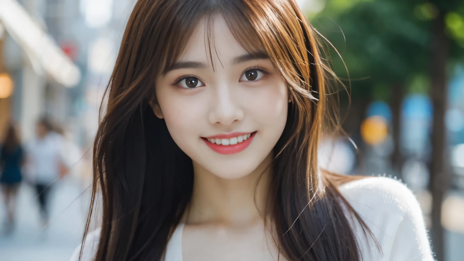Very beautiful cute girl like an angel, beautiful detailed eyes, detailed double eyelids, (big eyes: 1.3), long eyelashes, see-through bangs, (beautiful detailed face and eyes: 1.4), small nose, small mouth, Beautiful long hair, happy smile with visible teeth, (highest quality: 1.2), raw photo, high resolution, perfect in every detail, professional shooting, beautiful woman in white underwear, beautiful legs, body, beautiful breasts, lighting, walking, in the city, brown hair,