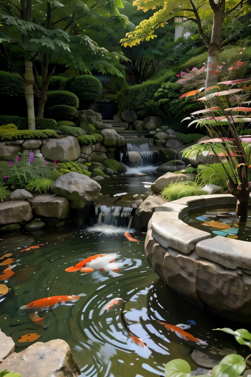 ((materpiece)), ((best quality)), ((high-res)), ((Ink wash)), ((artist)), ((extremly details)), a human made garden koi, autumn_leaves, birds chinese painting, leaf, maple_leaf, big koi habitat, no_humans, chainese habitat scenery, zulishisong_style_willow_tree, chainese style painting, large bamboo on the side, lilly pods, waterfall fountain, full view of the koi, moldy slimy rocks, couple small turtles on the rocks,
