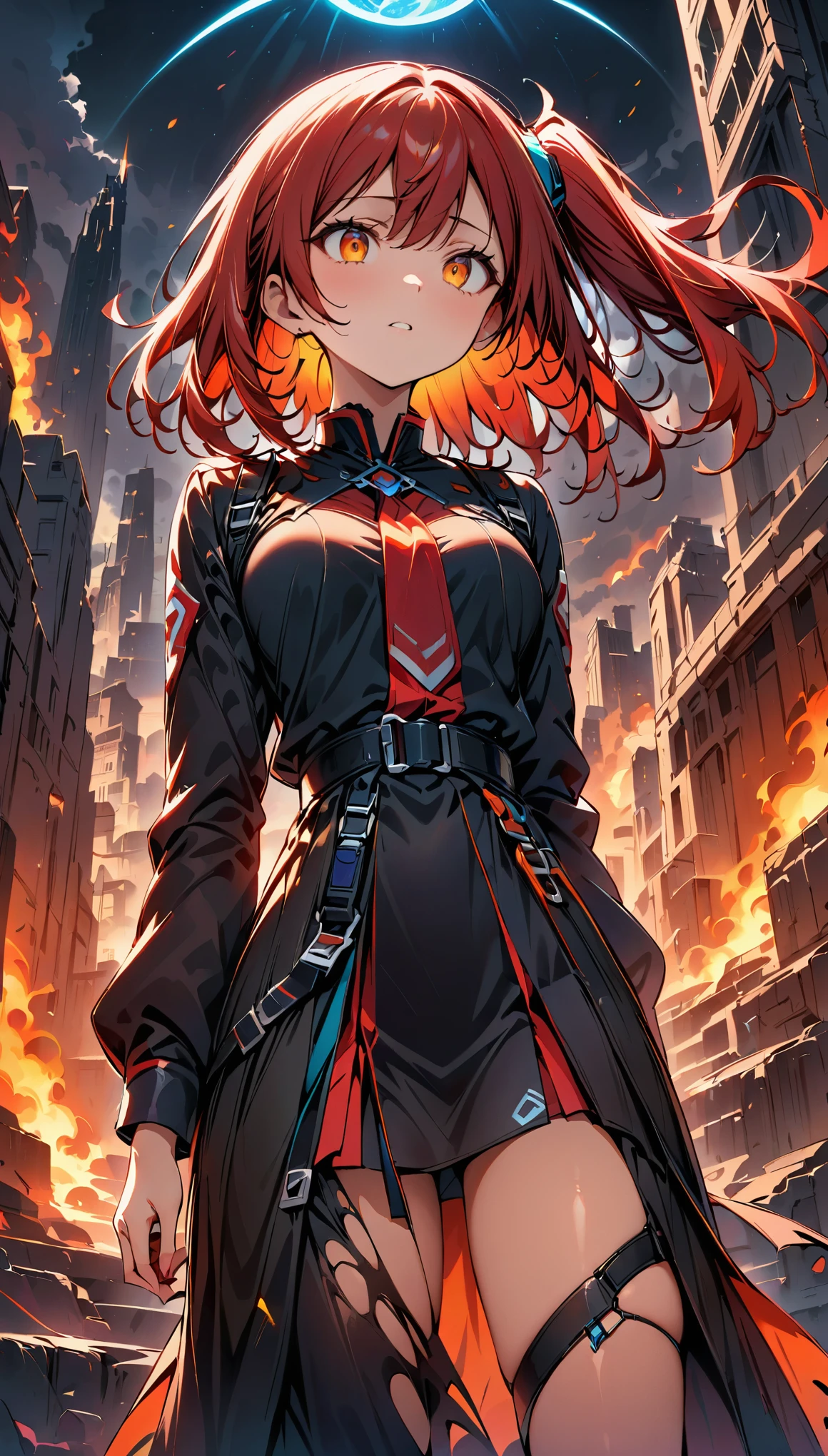 (highest quality:1.2, Very detailed, up to date, Vibrant, digital coloring, High Contrast, masterpiece:1.2, Best Quality, Best aesthetics), 1 female, Red hair, side ponytail hair、Looking up into the void, Painful expression, military uniform, Torn clothes, Belt with equipment attached, Unusable communication gadgets, A city with no one, End of the World, Ruined City, Dark color palette,Smoldering flames and smoke, Sand Dust, A long, dark night. 