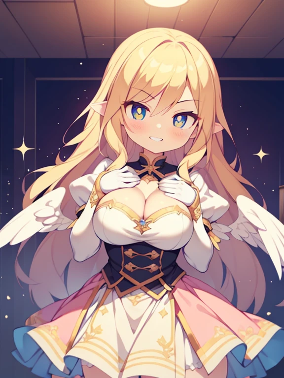 (Angel Girl:1.2), (1 person:1.2),(10 year old girl)、Young girl、Big Breasts、 Hmph、Shaders、Highly detailed eyes、Big Breasts、Loose long hair,,、Side bust、Shiny cleavage、blonde、Angel Wings、Silky Hair、angel outfit(Pink sheer fabric、plain colorini skirt、Simple silk gloves)、Very complex pupils、highest quality、Bright colors、Bust 100、rests、game portrait、Stir the composition、Composition looking up from below、Lift your with your hands、Poses that accentuate the chest、Cross your arms、Grinning expression、eyes half closed、Open your mouth、Stink Eye、Evil Face、A strong smile、Clasp your hands behind your back、Hide your hands、Wicked Smile、whole body、god々new
