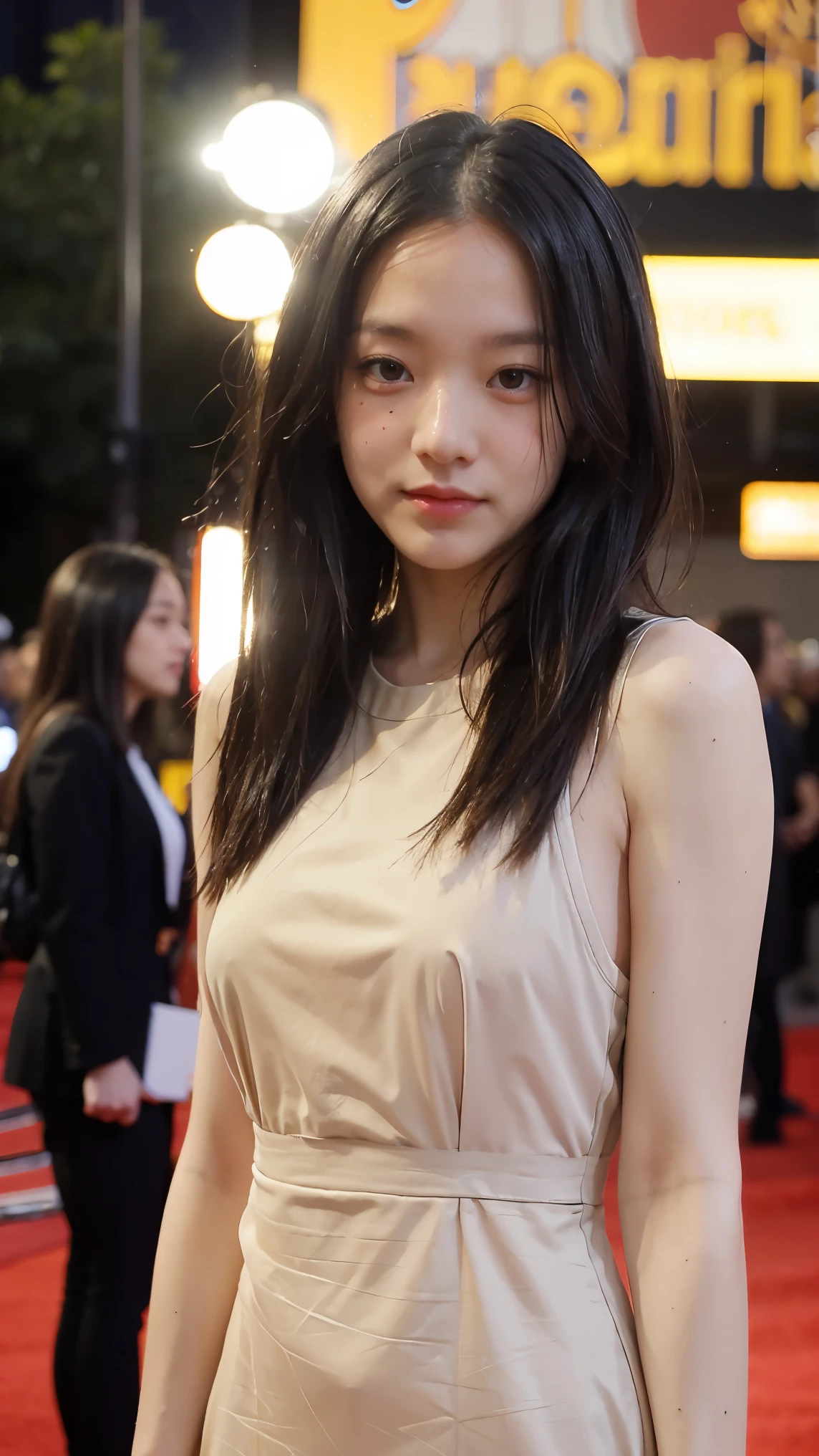 kmwld, (sharp focus:1.2), photo, attractive young woman, (beautiful face:1.1), detailed eyes, luscious lips, (eye makeup:1.2), body freckles, (medium breasts:1.0), (tight body:1.2), wearing (slitdress:1.2) in (red carpet event:1.2). (moody lighting:1.2), depth of field, bokeh, 4K, HDR. by (James C. Christensen:1.2|Jeremy Lipking:1.1).