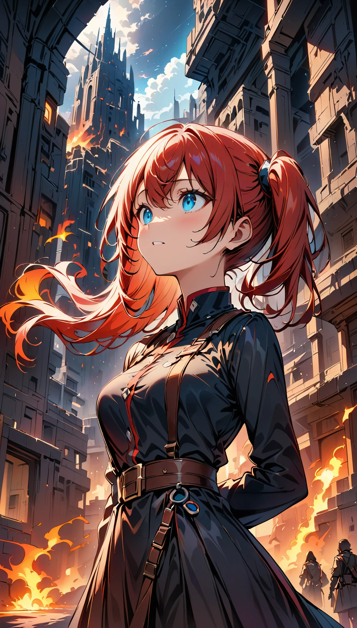 (highest quality:1.2, Very detailed, up to date, Vibrant, digital coloring, High Contrast, masterpiece:1.2, Best Quality, Best aesthetics), 1 female, Red hair, side ponytail hair、Looking up into the void, Painful expression, military uniform, Torn clothes, Belt with equipment attached, Unusable communication gadgets, A city with no one, End of the World, Ruined City, Dark color palette,Smoldering flames and smoke, Sand Dust, A long, dark night. 