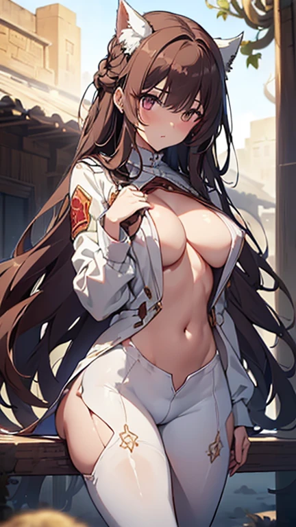 ((in a desert:1.5)), a matured woman with long hair and a white outfit, (resting in oasis:1.2), artwork in the style of guweiz, bodyesbian, fine details. girls frontline, beautiful anime illustration, from girls frontline, stunning, 21 years old, (solo:1.5), (sfw:1.25), beautiful breast, medium breasts, Amazing Cleavage, thin waist, big ass, Raised sexy, (dark mahogany medium long hair, updo, hair over one eye, asymmetric hair, Carly hair, low tied),(Headscarfs, hair bands, head vandage, Turban), (ultra high resolution, 8K RAW photo, photo realistics, weak outline:1.3, clear focus), best qualtiy, natural lighting, field depth, (Bright pupils, detailed beautiful eyes, high detailed face), Red lip, looking at viewers, (tight focus:1.2, from below), sexy posing, seductive weak smiling, center image, (wearing white long jacket and clothes, wearing short pants, gold ornaments, white clothes rolling around waist, camel-brown long leather boots, translucent lace pantyhose), ((correct anatomy:1.5)), ((outdoor:1.2)),