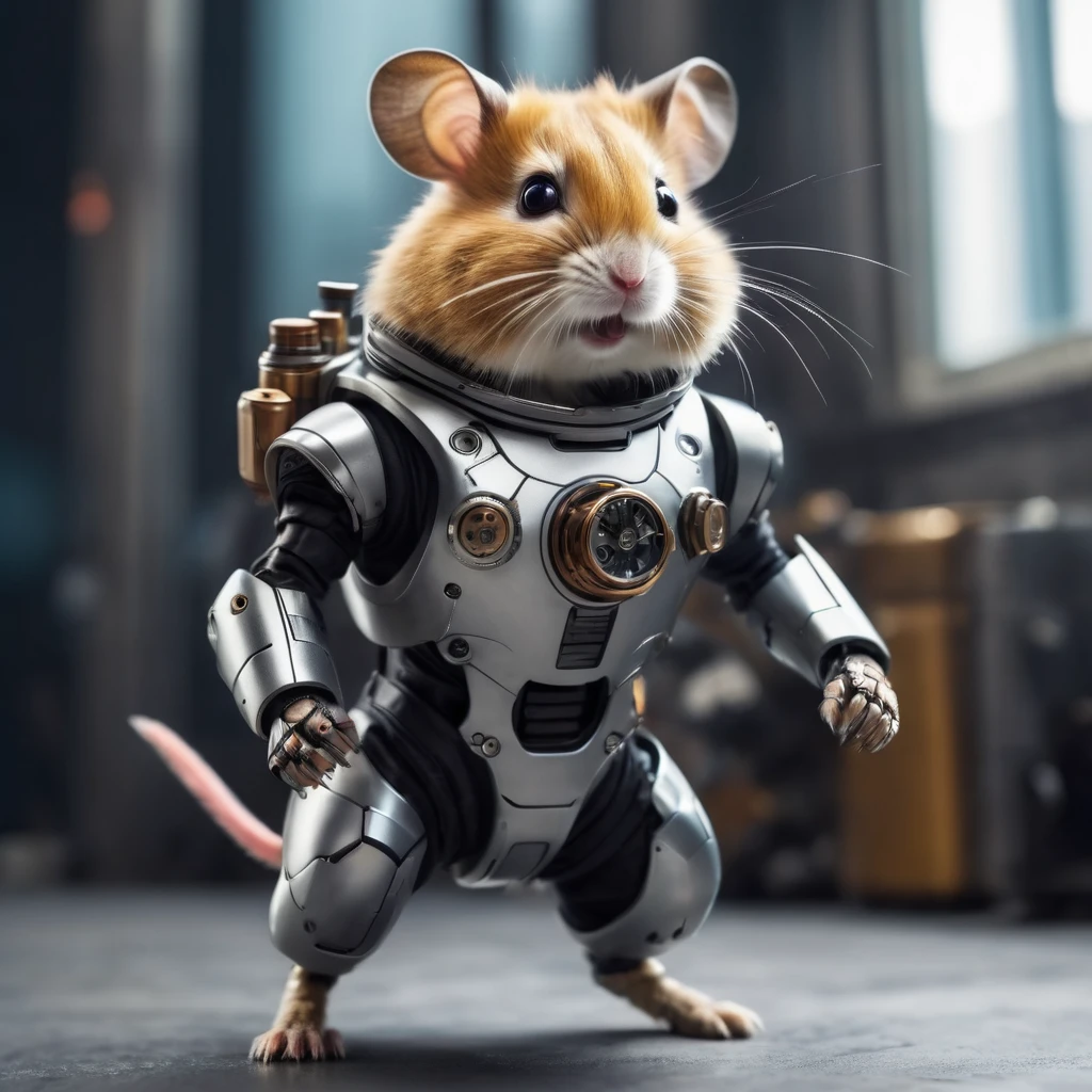 A realistic photo of a humanoid robot (Anthropomorphic) Superhero hamster in a high-tech suit, Action Movement, Full pose, whole body, steampunk, Attention to detail, Many image details, 8k, Surreal