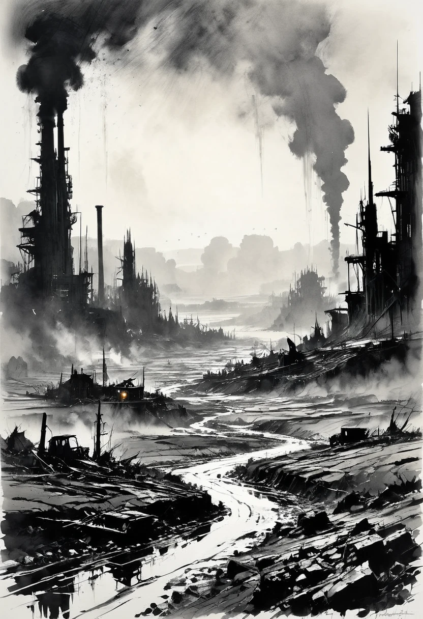 Post-Apocalyptic Wasteland, by Norman Ackroyd, best quality, masterpiece, very aesthetic, perfect composition, intricate details, ultra-detailed