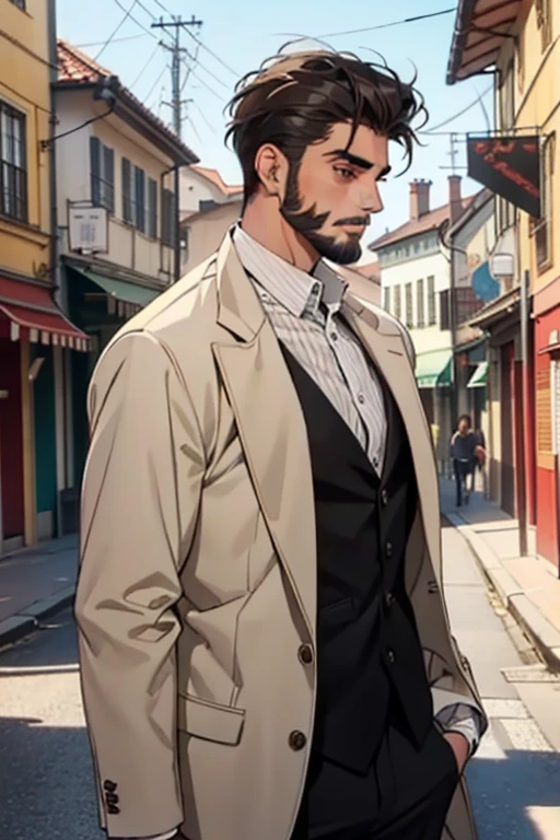 homem cabelo jogado para trais amarelos barba soave roupas de cazaco de aviador jovem de 24 anos