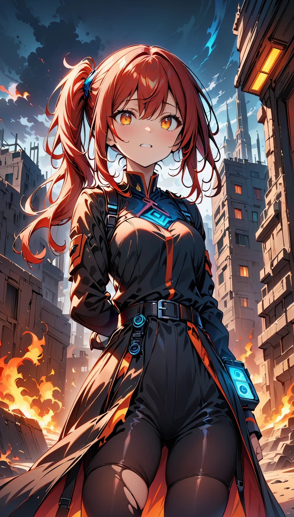 (highest quality:1.2, Very detailed, up to date, Vibrant, digital coloring, High Contrast, masterpiece:1.2, Best Quality, Best aesthetics), 1 female, Red hair, side ponytail hair、Looking up into the void, Painful expression, military uniform, Torn clothes, Belt with equipment attached, Unusable communication gadgets, A city with no one, End of the World, Ruined City, Dark color palette,Smoldering flames and smoke, Sand Dust, A long, dark night.