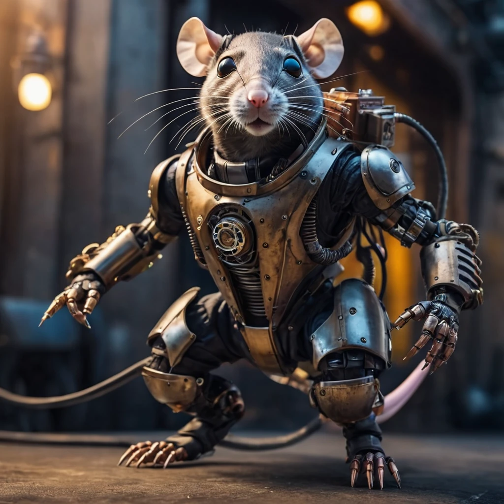 A realistic photo of a humanoid robot (Anthropomorphic) Superhero rat in a high-tech suit, Action Movement, Full pose, whole body, steampunk, Attention to detail, Many image details, 8k, Surreal