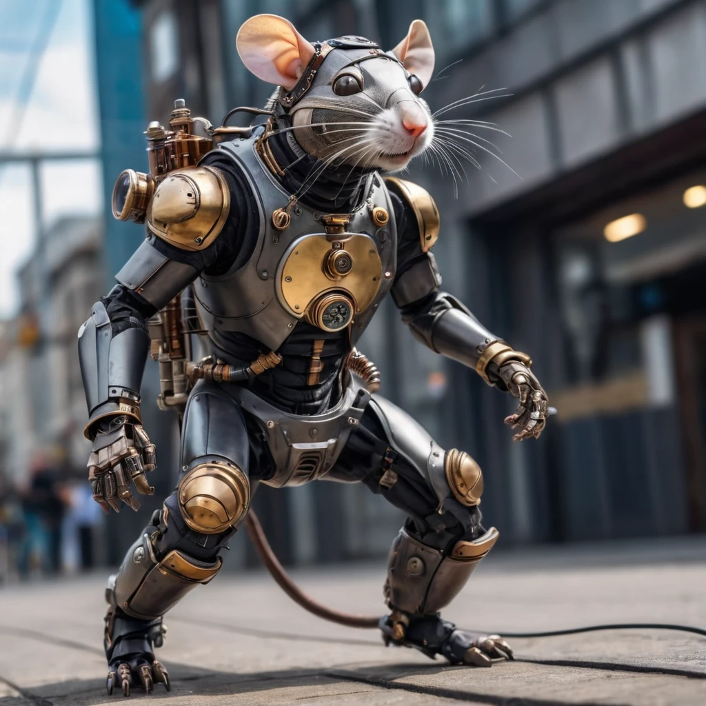 A realistic photo of a humanoid robot (Anthropomorphic) Superhero rat in a high-tech suit, Action Movement, Full pose, whole body, steampunk, Attention to detail, Many image details, 8k, Surreal