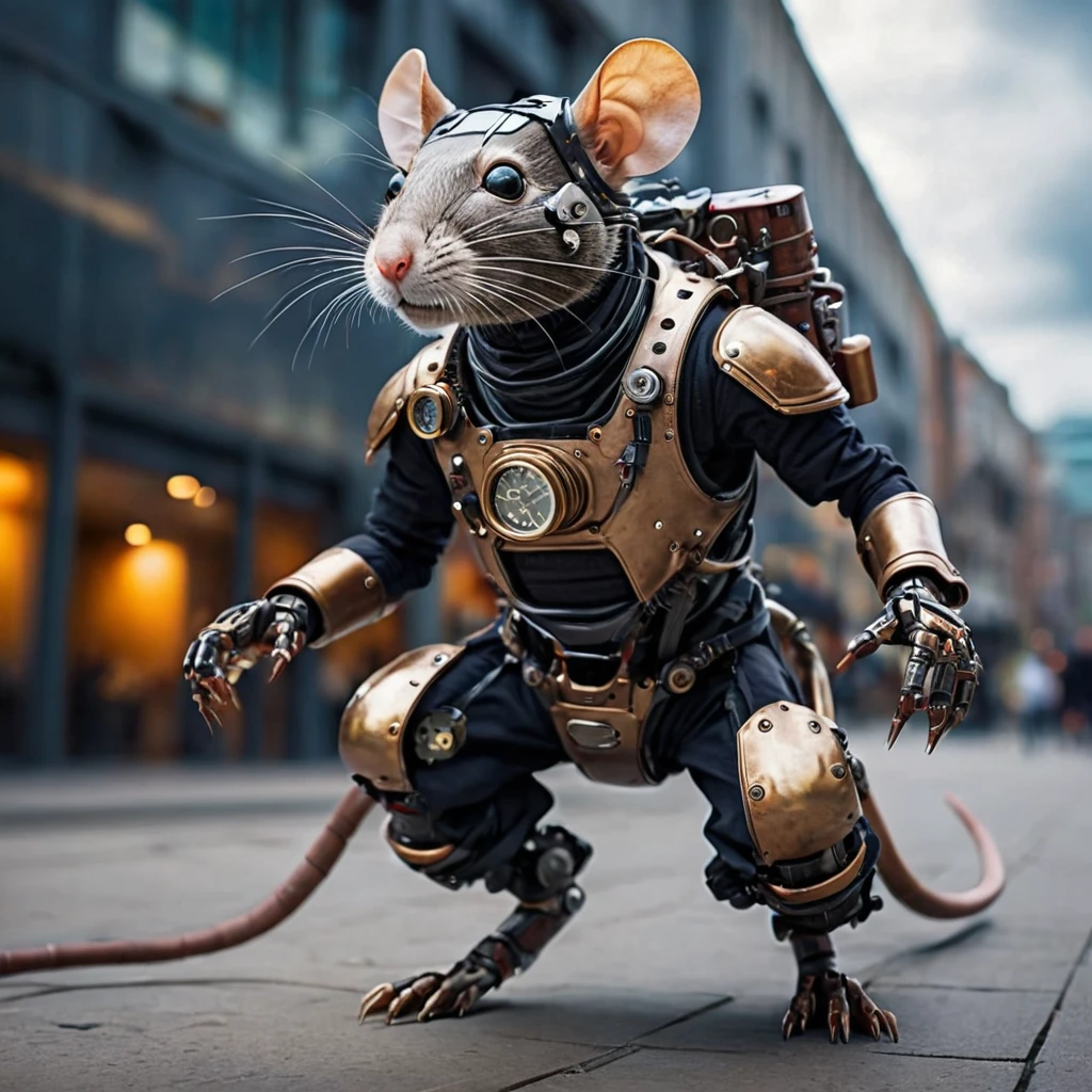A realistic photo of a humanoid robot (Anthropomorphic) Superhero rat in a high-tech suit, Action Movement, Full pose, whole body, steampunk, Attention to detail, Many image details, 8k, Surreal