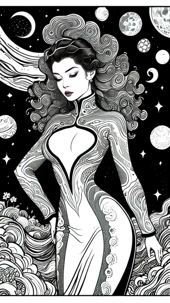 masterpiece,very sharp LINEAR DRAW,((Disney style)),((The Perfect One Woman)),((one person)),retro space futurism, beautiful detailed face,hi-tech armor over catsuit, long curly hair,in deep space background,medium breasts,cleavage,highly detailed body