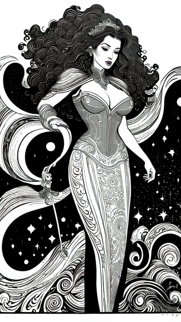 masterpiece,very sharp LINEAR DRAW,((Disney style)),((The Perfect One Woman)),((one person)),retro space futurism, beautiful detailed face,hi-tech armor over catsuit, long curly hair,in deep space background,medium breasts,cleavage,highly detailed body