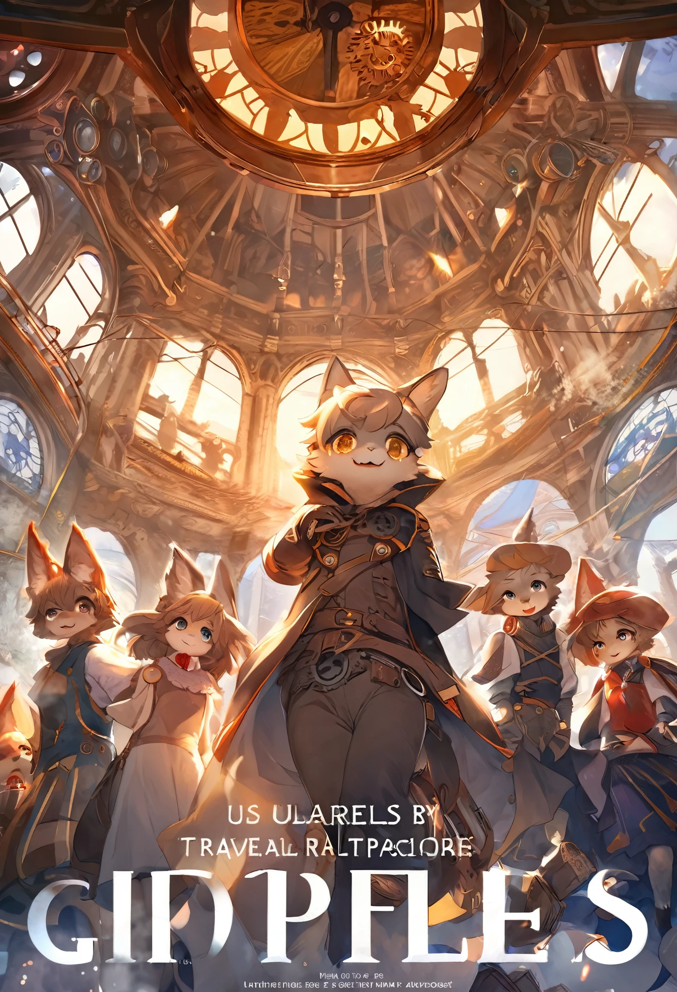 cover_page, highres, top quality, best quality, paid reward available, High-quality illustrations, unparalleled masterpiece, perfect artwork, absurdres, super high resolution, detailed background, Steam punk, Beautiful World Heritage, 6+boys, 6+girls, Happy, joyful(Photos of solo travelers)(kemono, furry anthro)cinematic lighting, dynamic angle,