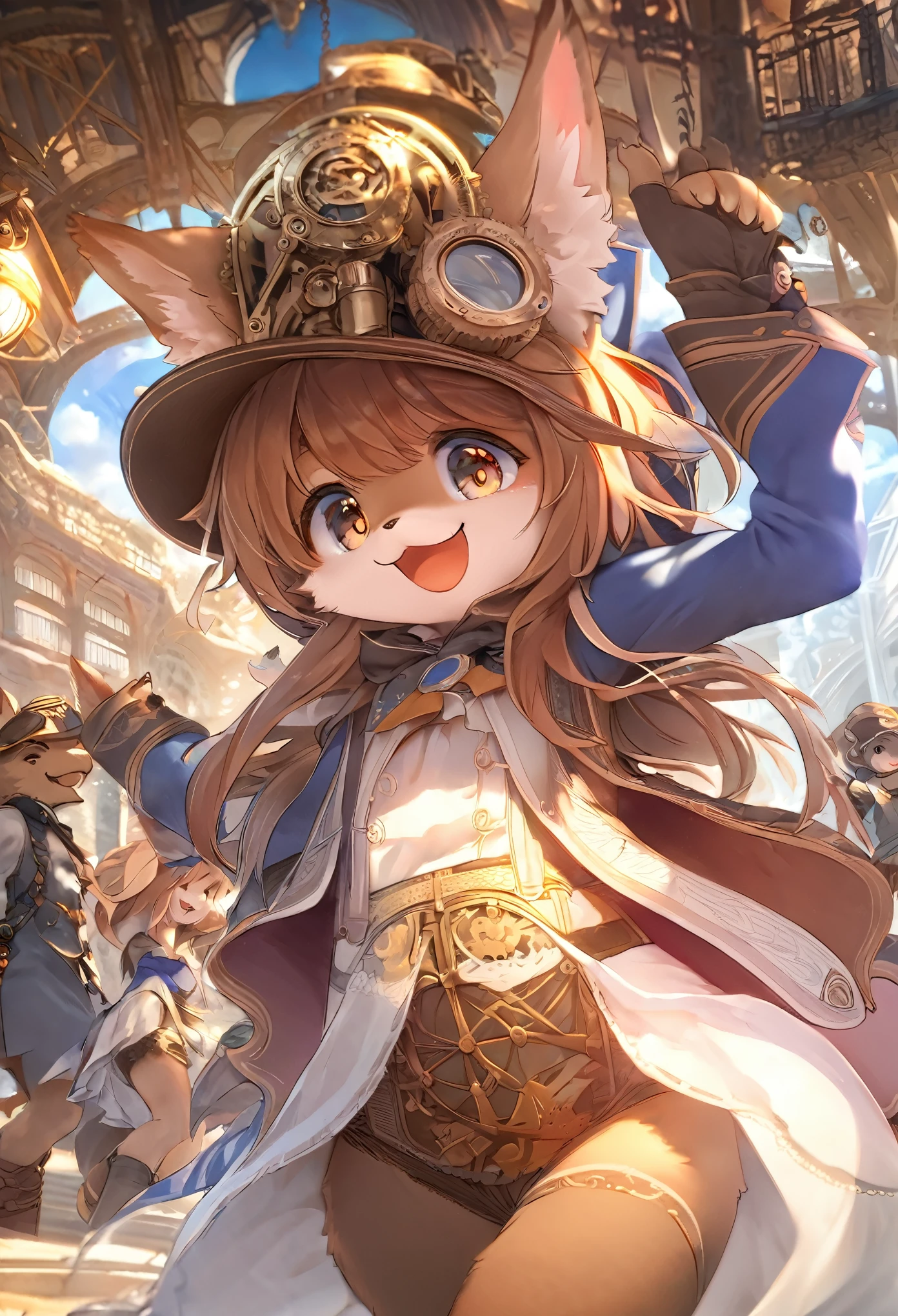 cover_page, highres, top quality, best quality, paid reward available, High-quality illustrations, unparalleled masterpiece, perfect artwork, absurdres, super high resolution, detailed background, Steam punk, Beautiful World Heritage, 6+boys, 6+girls, Happy, joyful(Photos of solo travelers)(kemono, furry anthro)cinematic lighting, dynamic angle,