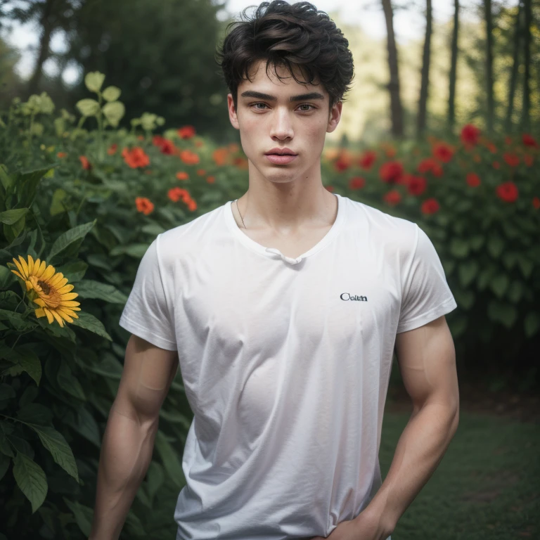 candid photograph of Adonis, allurer charming 22 year old male supermodel, Greek gods, angel face, ((natural gorgeous natural Blemishes and freckle)), short blonde buzz hair, symmetric face, youthfulness, very attractive, stubble, full luscious moist lips; parted, mouth slightly open, (( slender, less masculine yet beautiful)), ((wearing pastel T-shirt and sweatpants from Christian Dior Men's Collection by Kim Jones)), (earth tone pastel colors), sport-casual elegance clothes, semi bulge, ((sexual inviting pose against the backdrop of the vibrant greenery scenery, English cottage garden with wild colorful flowers)), Captured in a full-body clothes, dynamic angle, ((POV)), (man focus), taken with a Canon EOS R camera with a 50mm f/1.8 lens, f/2.2 aperture, shutter speed 1/200s, ISO 100, by Camille Summers-Vallim, natural warm light, human real skin, unparalleled attention to detail, extremely hyper detailed, sharp focus, natural flesh tones, soft light, highly detailed, intricate details, dramatic composition, realism, high-quality rendering, film grain, insanely detailed, seductive, dramatic lighting, dominant, high definition, ((Pay attention to the layer and arrangement of body parts and surrounding objects)), ((Pay attention to the body composition)), ((Correct body structure)), ((Correct photo distance)), this masterpiece celebrates the beauty of the man in intimate sexually-charged atmosphere, incredibly attractive, intense, sensual, with its seductive lighting intricate details, romantic, amorous air and extremely Gorgeous lively background, full body clothes--no abs,