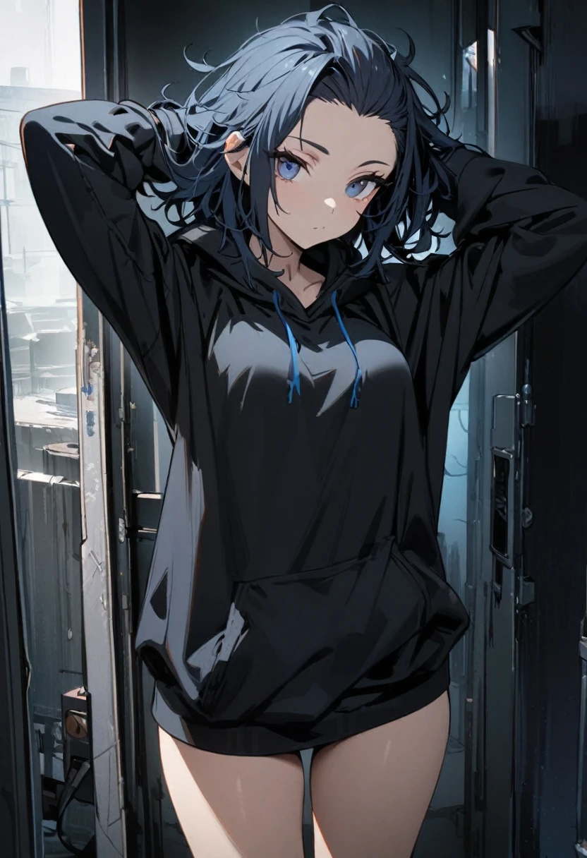 1 girl,Solo,front view from front facing viewer,medium hair,hair slicked back,dark blue eyes,Hands behind head, messy hair,(dark eyes),(cool girl),(Sharp blue eyes),(dark color),(black redHoodie) masterpiece, best quality, high quality, detailed,(medium-breasts),(gal),(hand in pocket)