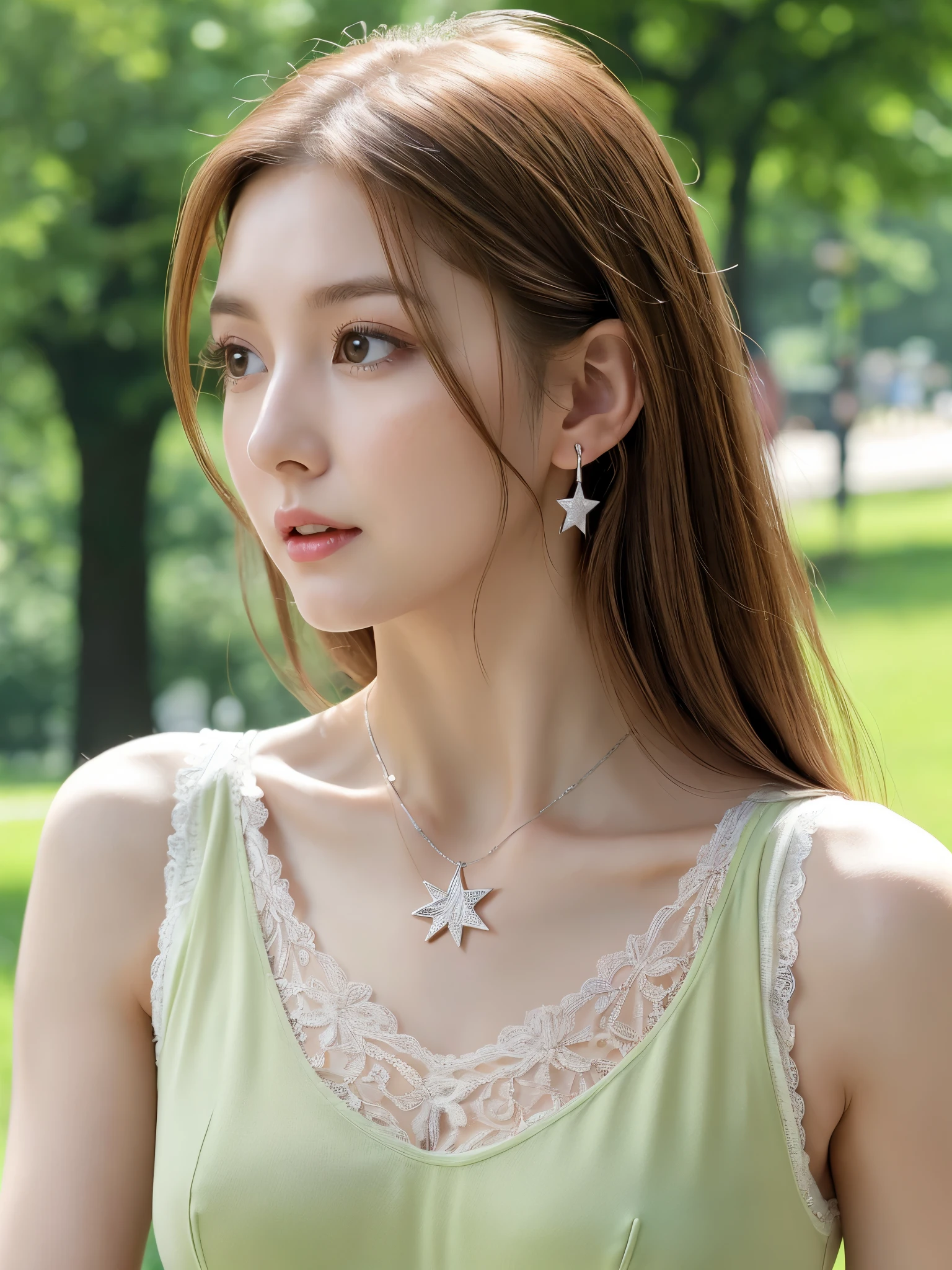 Realistic photos of (cute Korean star woman), White skin, Straight red long hair girl, Silver lace camisole vest, beautiful clear eyes, Green pupils, beautiful necklace and earringedium chest tight and Medium breasts, Delicate slender face, , Clavicle,Lovely lips ,wearing tank top, white pants, standing in the park, close-up portrait, UHD