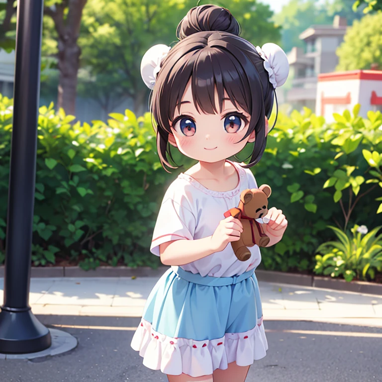 Photorealistic、Octane Rendering、Morning Park、Little ??? dancing with teddy bear、The girl has a bun hairstyle、smile