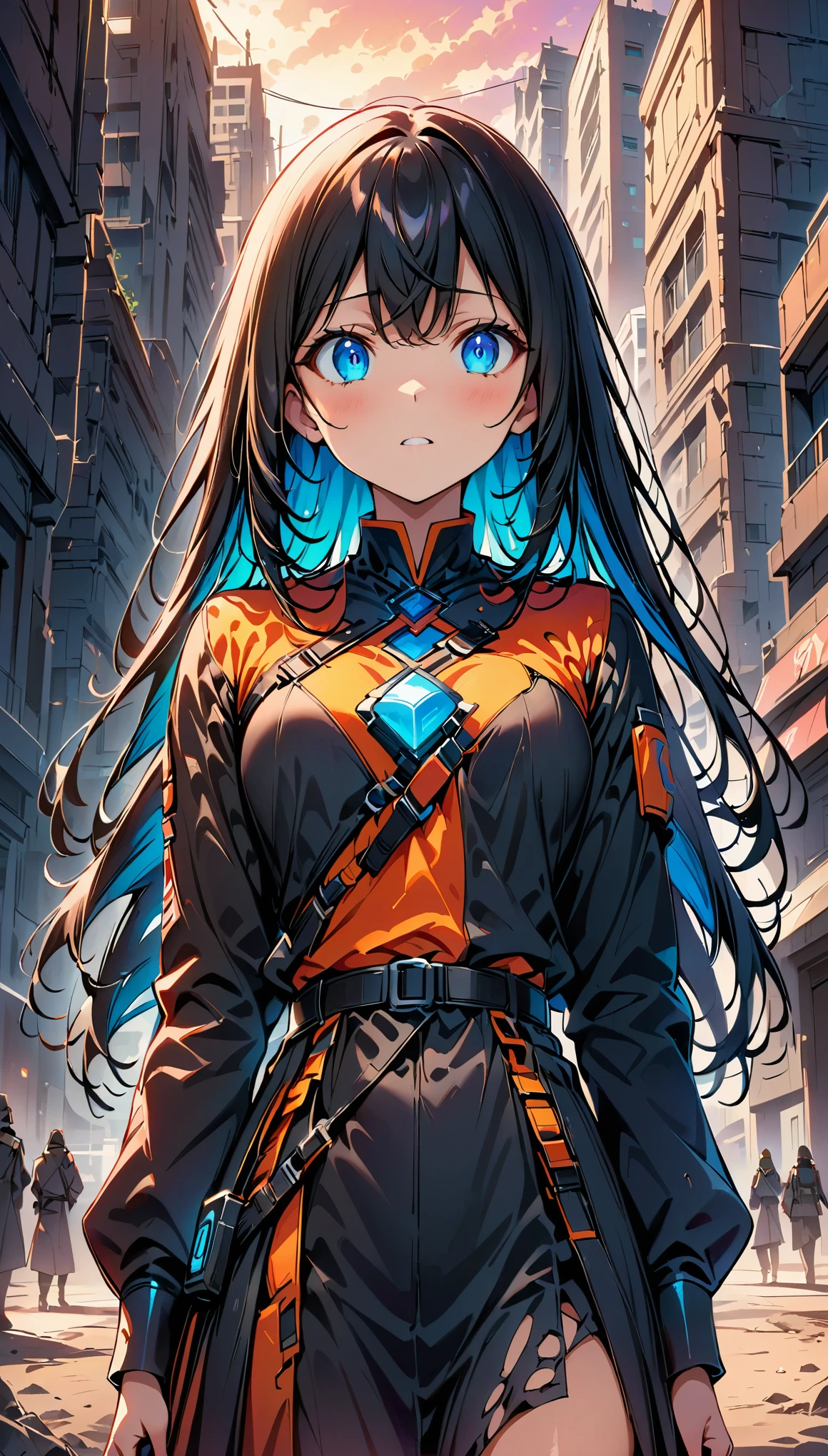 (highest quality:1.2, Very detailed, up to date, Vibrant, digital coloring, High Contrast, masterpiece:1.2, Best Quality, Best aesthetics), 1 female, Black Hair, Long Straight Hair、Looking up into the void, Painful expression, military uniform, Torn clothes, Belt with equipment attached, Unusable communication gadgets, A city with no one, End of the World, Ruined City, Dark color palette,Smoke rising from the sky, Sand Dust, A long, dark night.